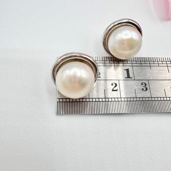 11 mm Pearl Stud Earrings Signed NF 925 Acid Tested Thailand Sterling Silver - Picture 13 of 16